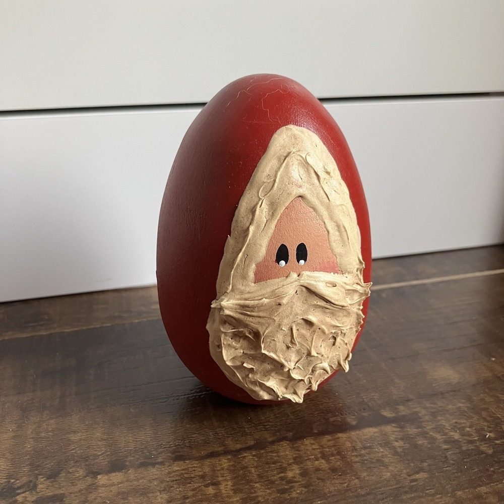 Vintage Folk Art Santa Egg Figurine Hand Painted Wooden Egg Christmas Decor 4"
